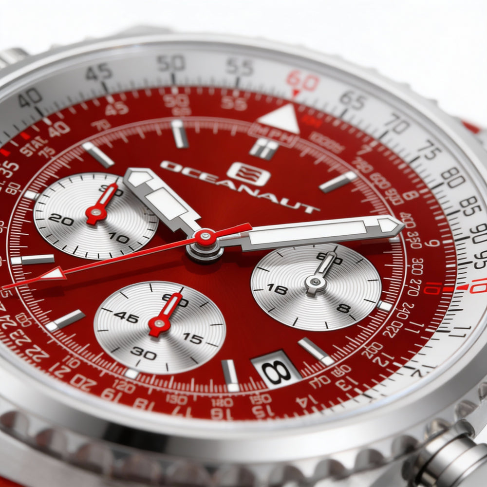 Oceanaut Modern Men's Red Dial Chronograph Quartz Movement Watch, Stainless Steel Case, Leather Strap, Water Resistant 100M