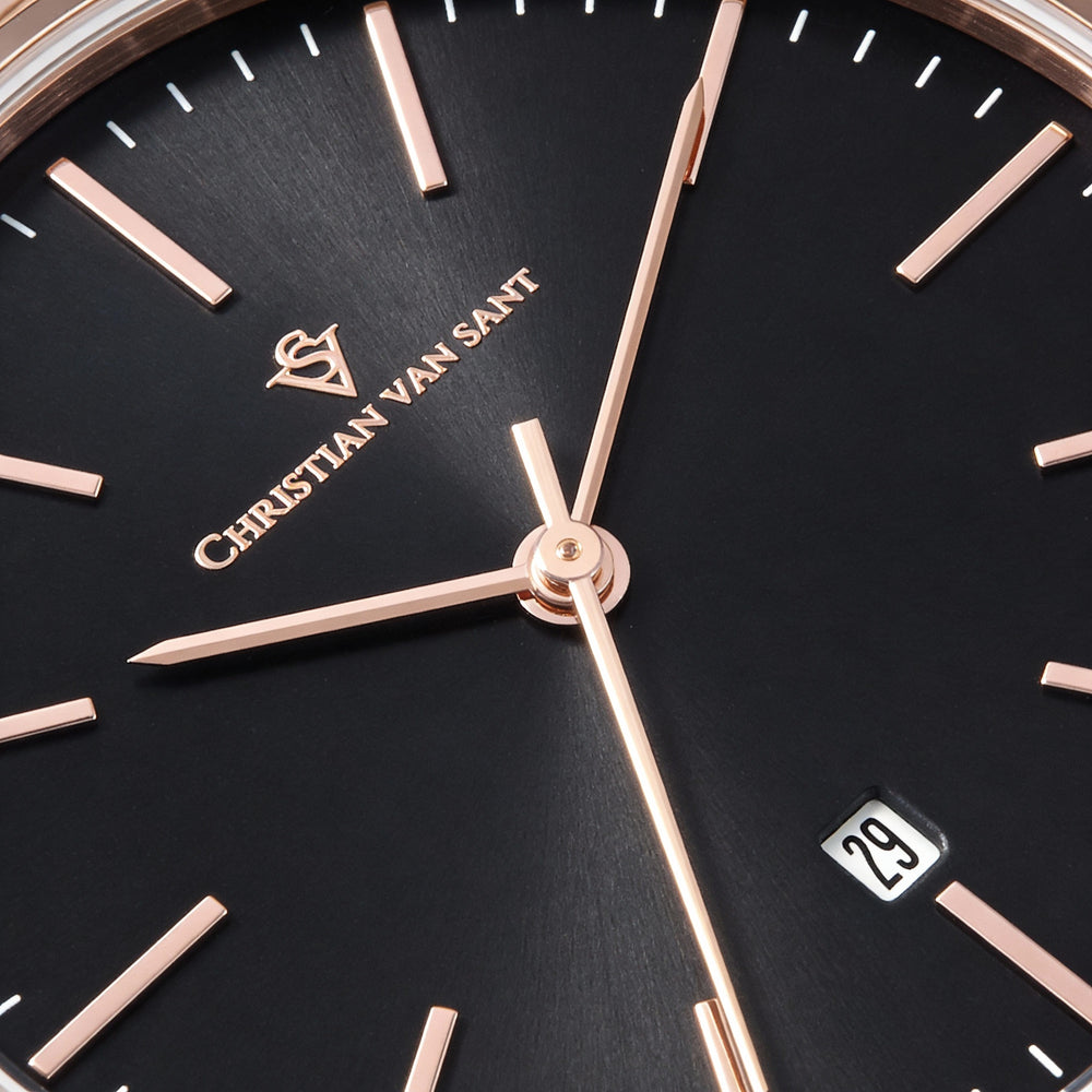 Reloj analógico Christian Van Sant para mujer, con movimiento de cuarzo, acero inoxidable en oro rosa, esfera negra y resistente al agua.