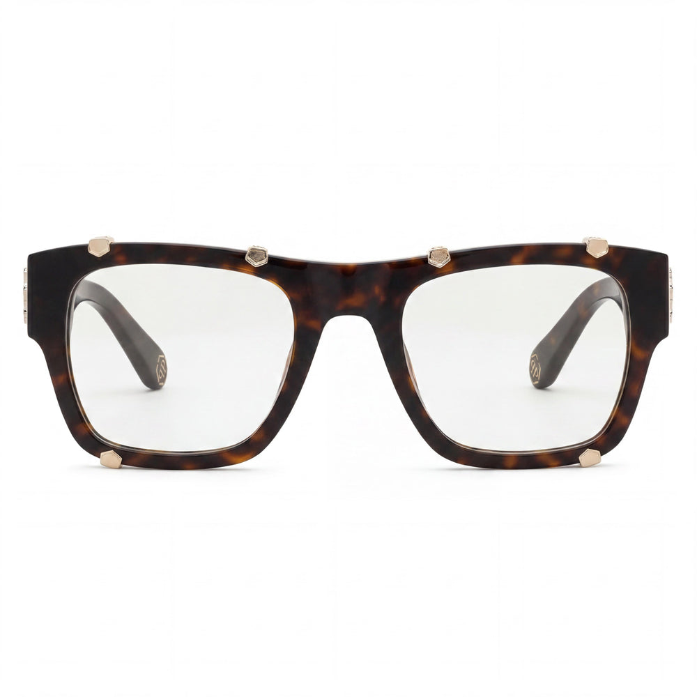 Philipp Plein VPP042W Men's Non-polarised Square Acetate Eyewear, Shiny Dark Havana, 54mm