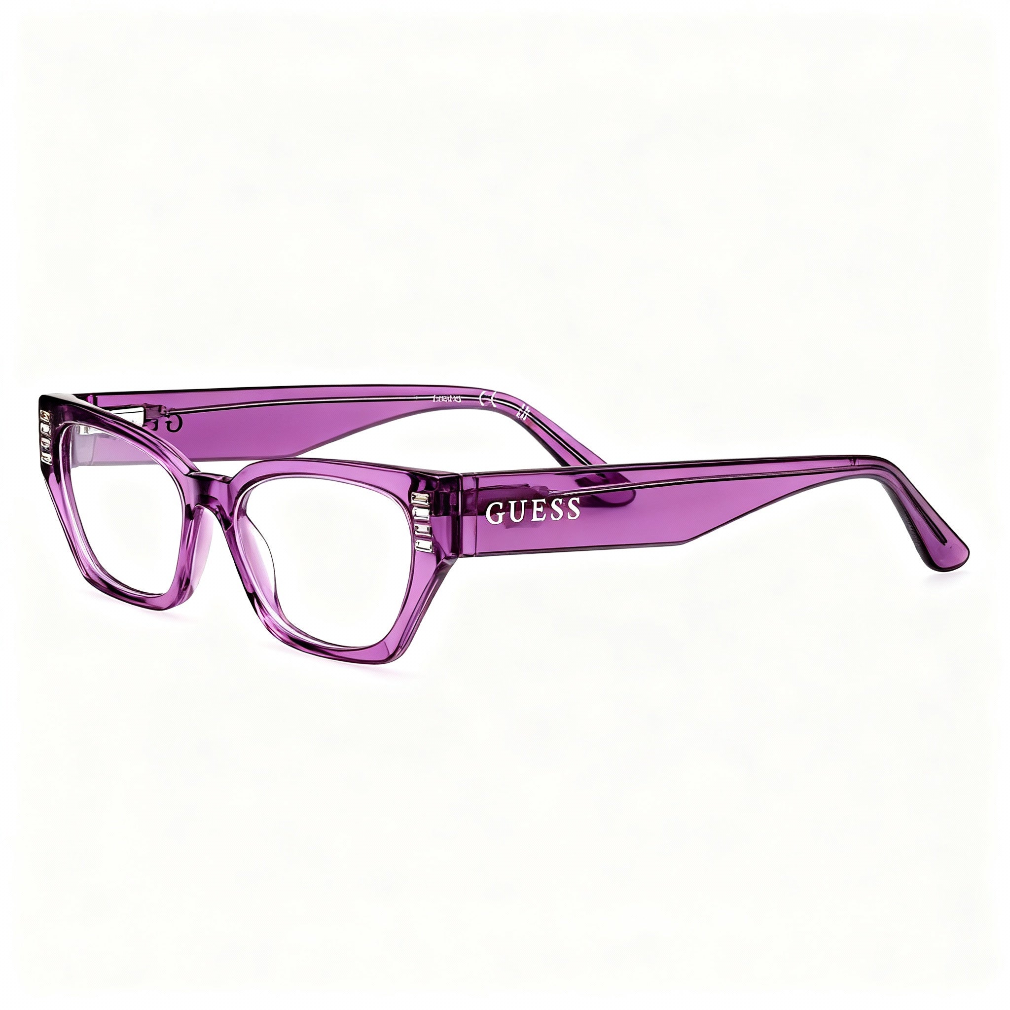 GUESS Modern Women's Violet Plastic Frame Eyeglasses, Clear Polycarbonate Lenses, 51-16-145