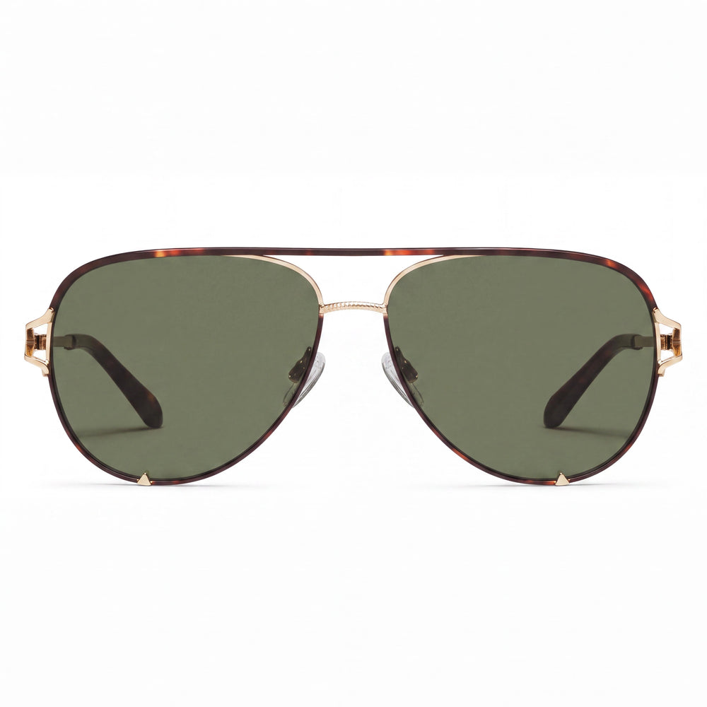QUAY AUSTRALIA Women's HIGH KEY TWIST Aviator Sunglasses, Dark Tortoise Green Plastic Frame, Green UV Protection Lenses 60mm