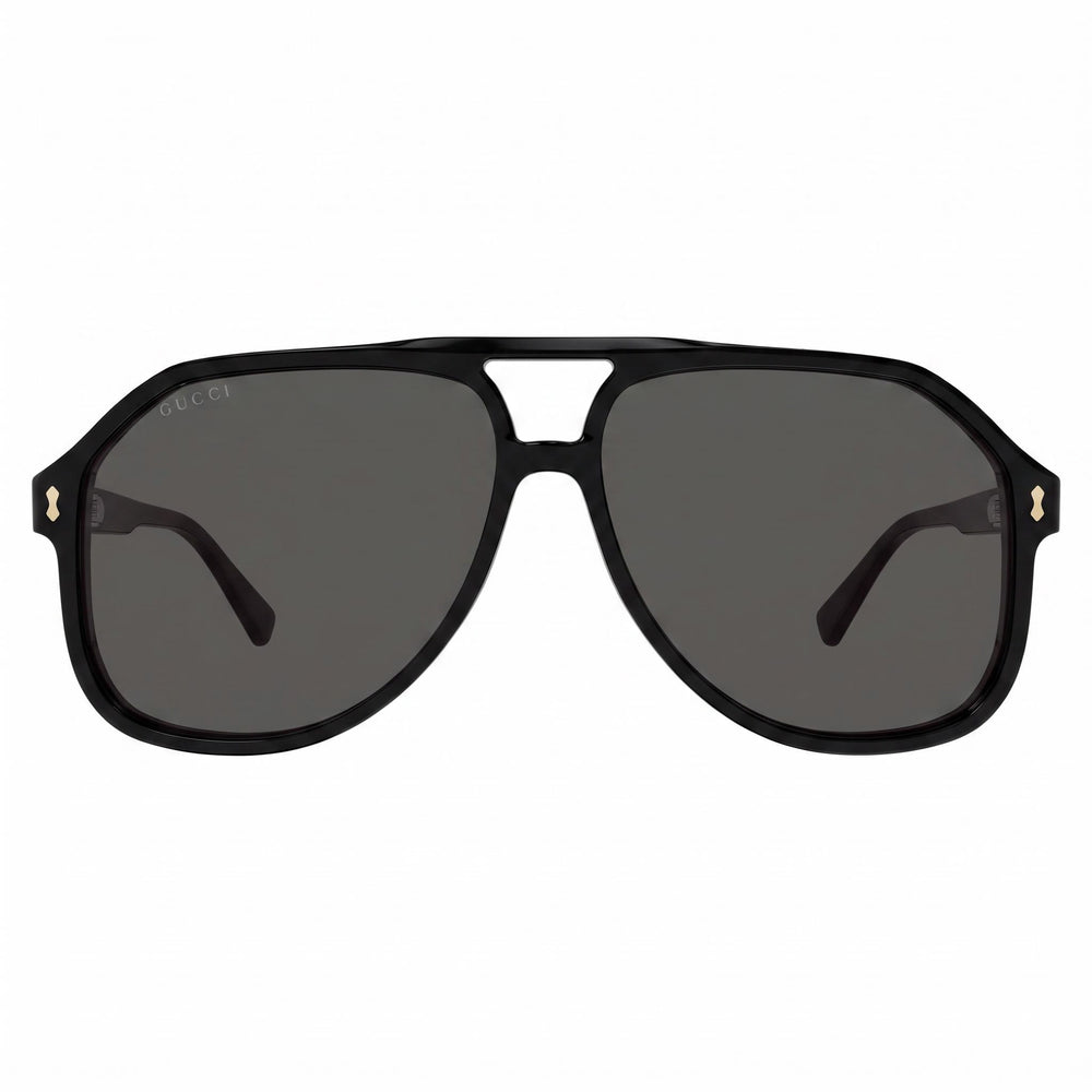 Gucci Men's GG1042S Pilot Non-Polarized Prescription-Ready Sunglasses, Black Gold Logo Plastic Frame, Grey Lenses 60mm
