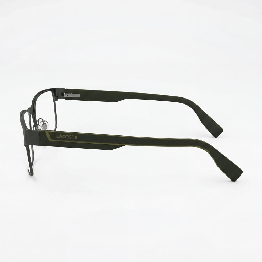 Montura de gafas oftálmicas casuales para hombre Lacoste en color caqui mate con lentes de plástico transparentes de 54 mm