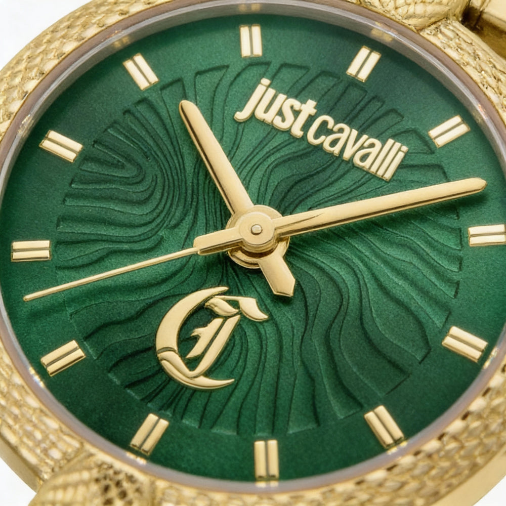 Just Cavalli Fashion Women's Yellow Gold Stainless Steel Bottle Green Dial Quartz Waterproof 28mm Watch