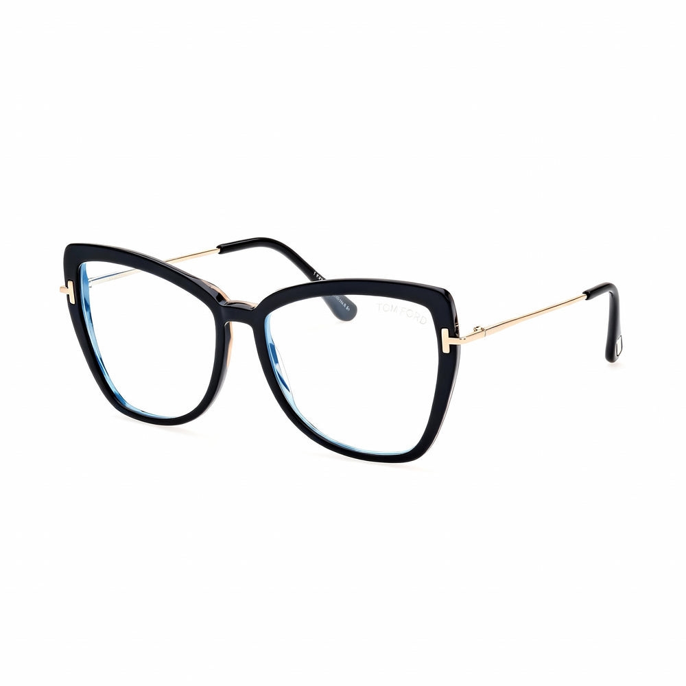 Tom Ford FT5882-B Women's Full Rim Cat Eye Shiny Black Pale Gold Plastic Blue-Light Block Eyeglasses 55mm