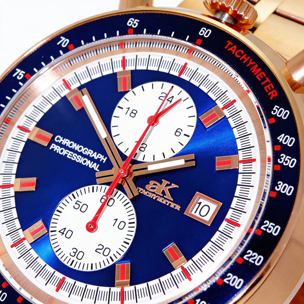 Reloj cronógrafo de pulsera Adee Kaye para hombre con visualización de 24 horas y fecha, movimiento de cuarzo japonés, tono azul rosa, 44 mm
