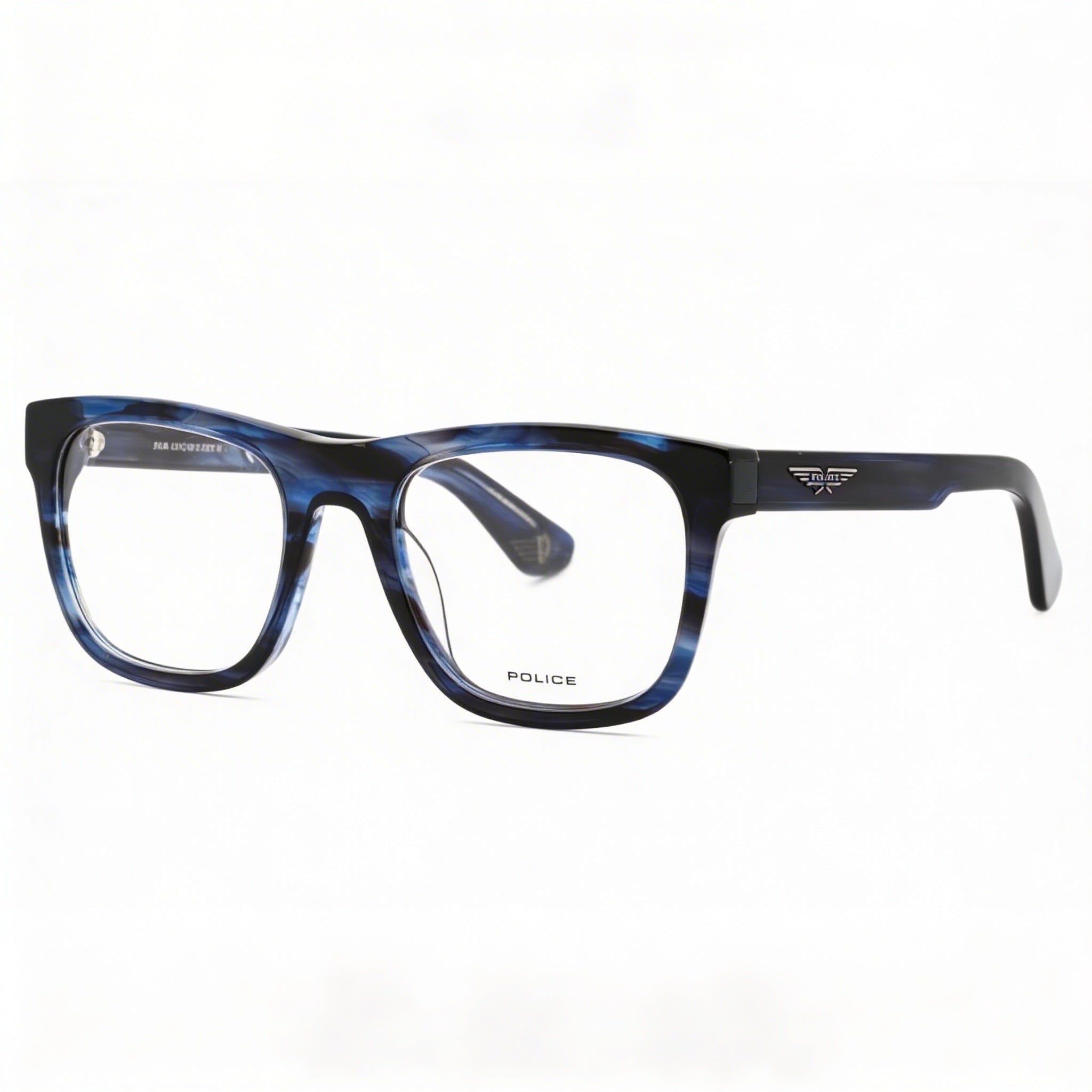 Police Casual Men's Eyeglasses with Shiny Streaked Blue Plastic Frame and Polycarbonate Lenses, 52mm, Photo 3
