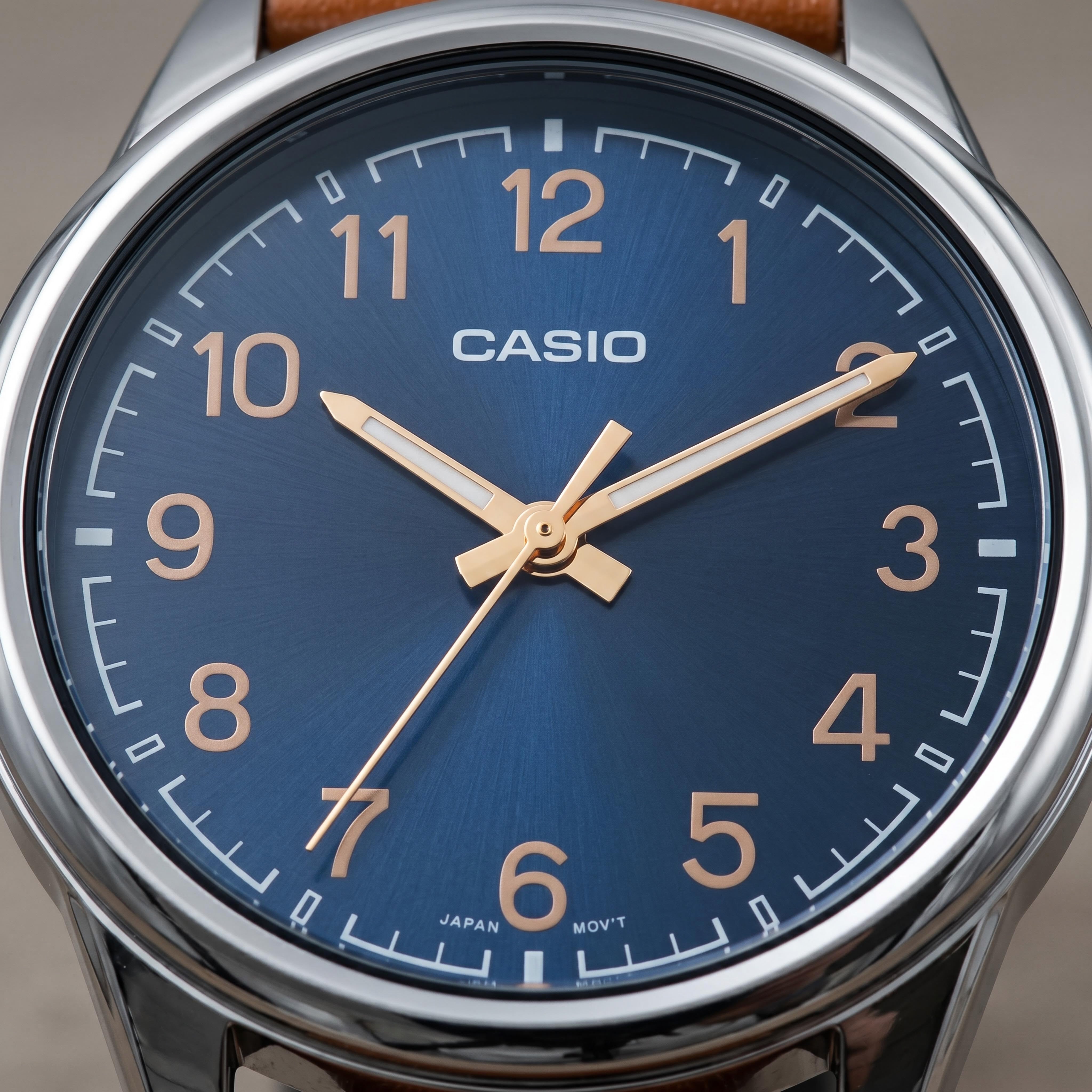 Casio Quartz Movement Men's Blue Case Black Dial Stainless Steel Leather Water Resistant Analog Watch 40mm, Photo 2