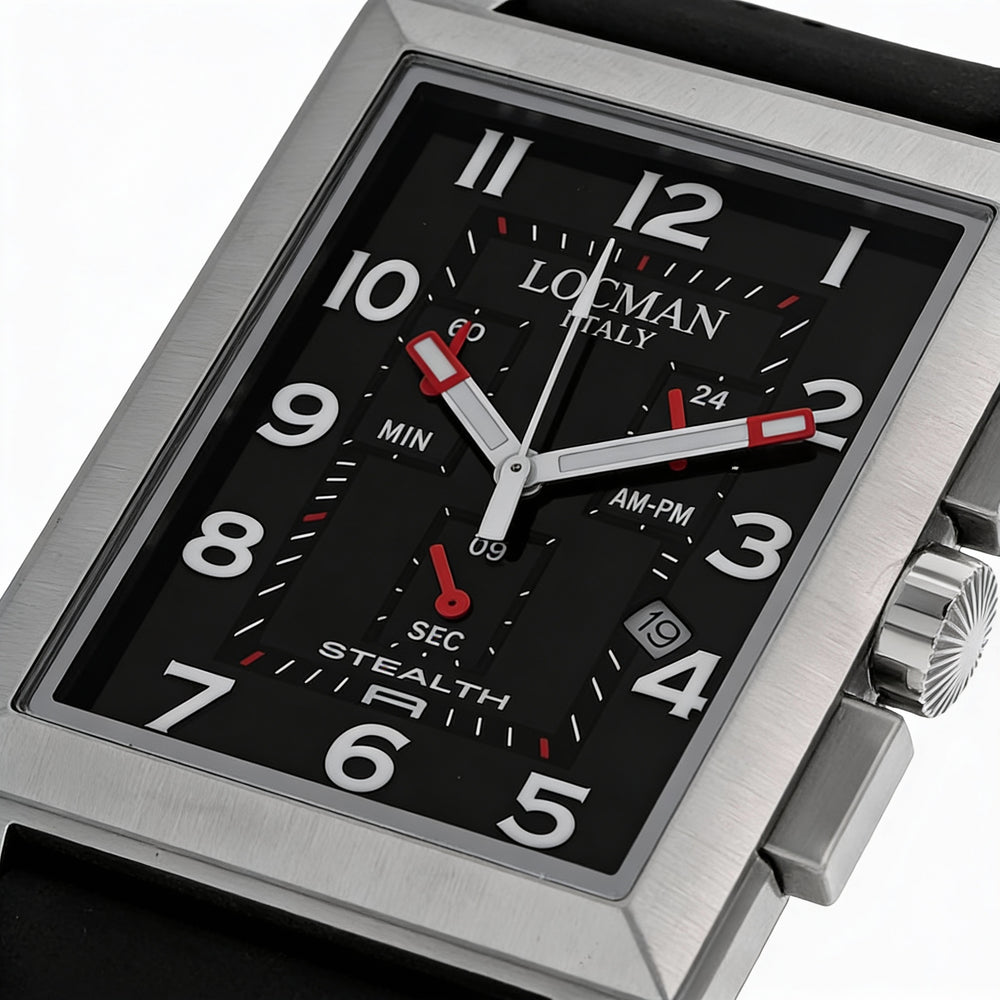Locman Men's Quartz Movement Black Dial Stainless Steel Case Silicone Strap Water Resistant Scratch Resistant Mineral Watch