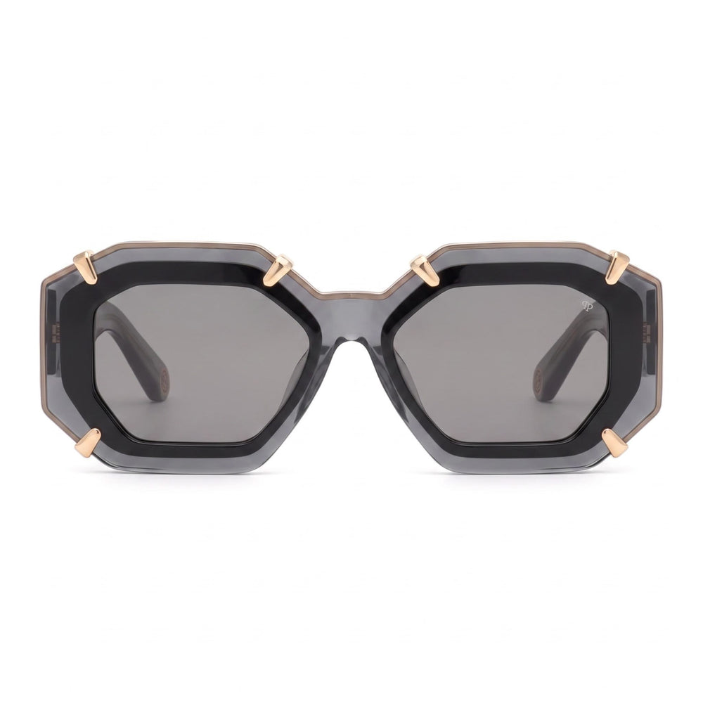 Philipp Plein Casual Men's Multicoloured Cellulose Acetate Sunglasses with Shiny Transparent Grey Lenses, UV Protection 53mm