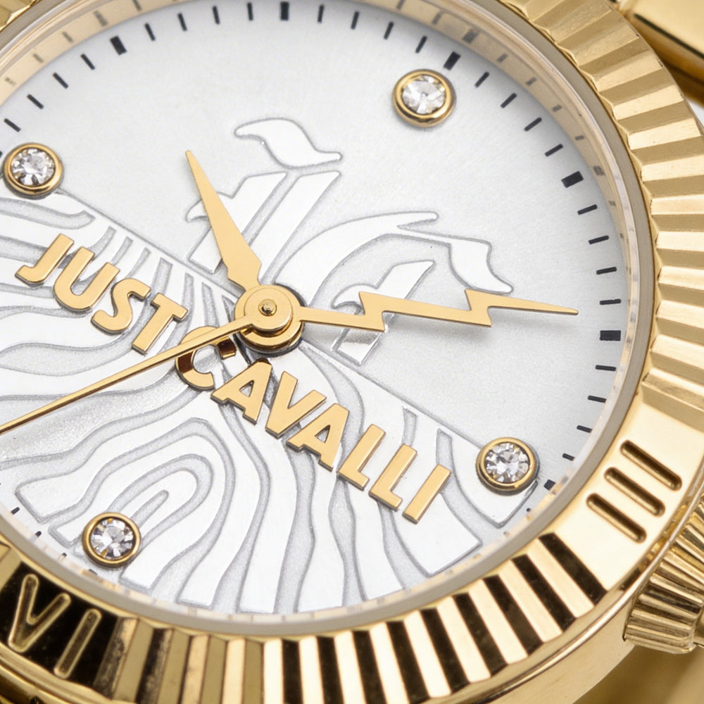 Reloj Just Cavalli de pulsera de cuarzo para mujer, 26 mm, acero inoxidable chapado en oro amarillo, esfera plateada gris