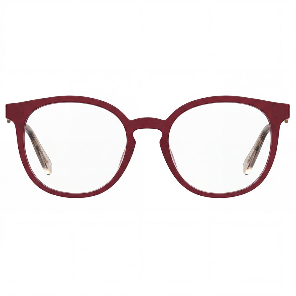 Gafas Love Moschino Modern para mujer con montura de acetato rojo, lentes de 49 mm, puente de 18 mm y patillas de 135 mm.