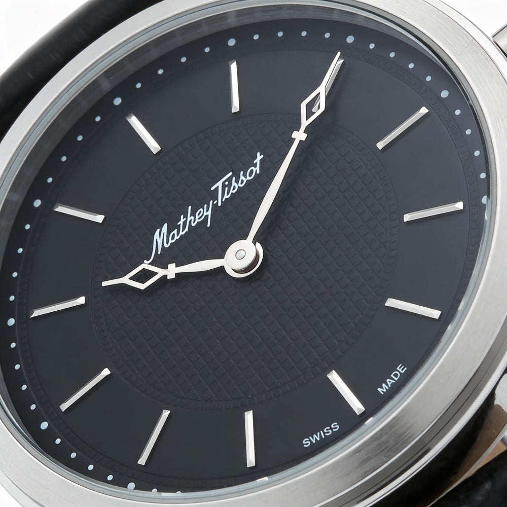 Mathey-Tissot Quartz Movement Men's Black Dial Stainless Steel Case Water Resistant Leather Strap Watch