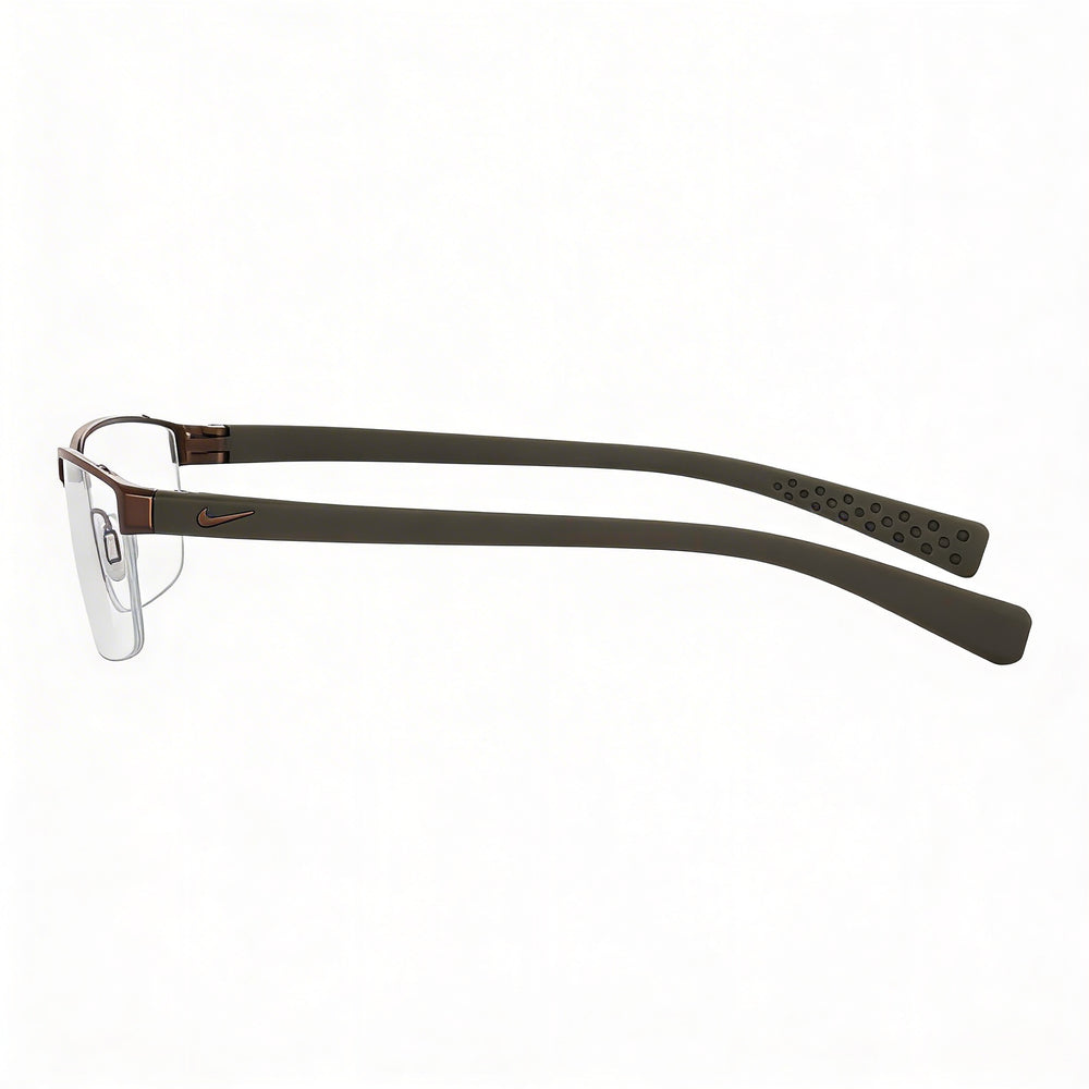 Gafas oftálmicas casuales para hombre Nike, armazón nogal-caqui militar, lentes de plástico transparente 56-16-140