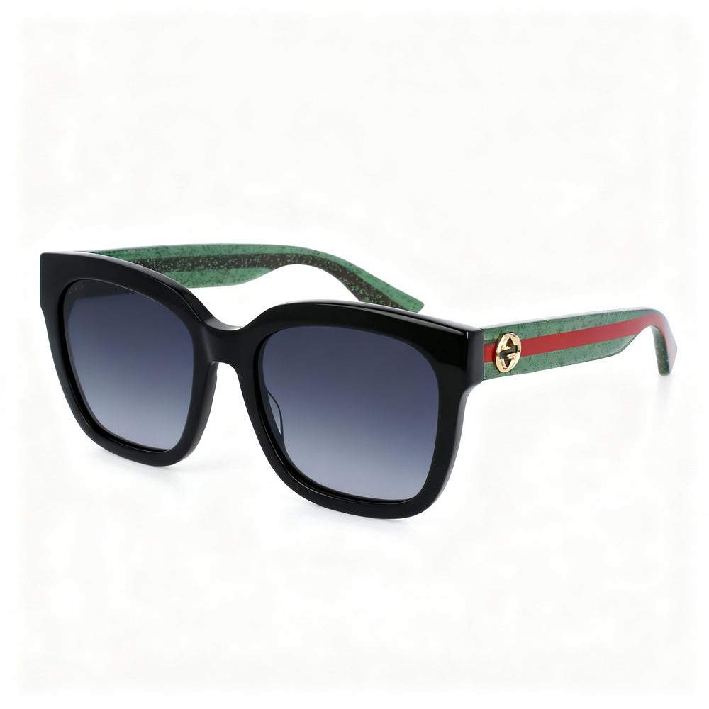 Gucci GG0034SN Women's Square Acetate Sunglasses with Black Green Glitter Red Frame & Shaded Grey Lenses 54mm