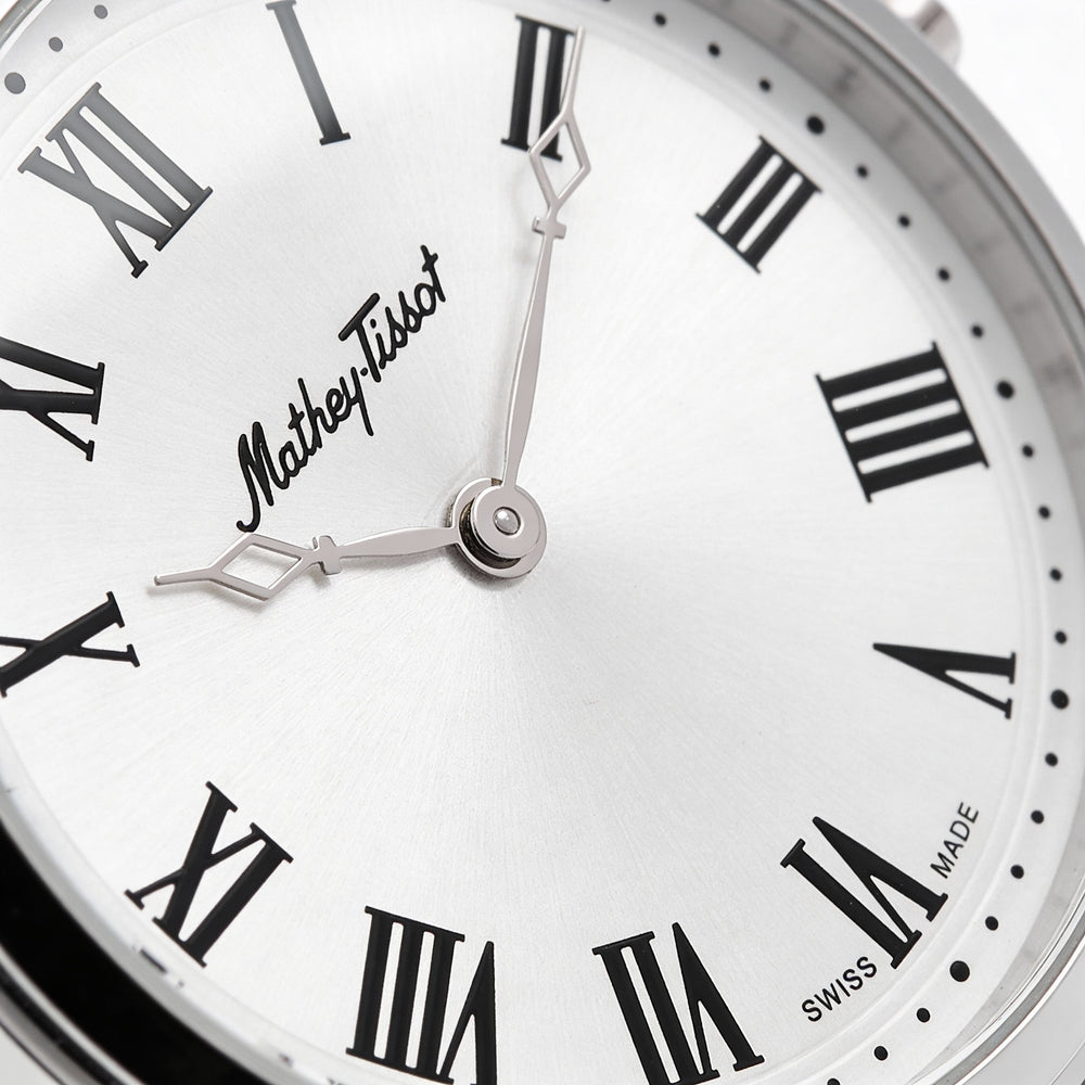 Reloj Mathey-Tissot para hombre, de cuarzo, esfera blanca, acero inoxidable, piel, resistente al agua.