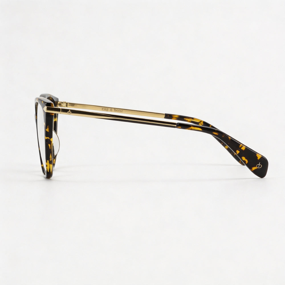 Monturas ópticas para hombre Rag & Bone Eyewear, montura de acetato color dorado habana, lentes de policarbonato transparente, ancho de lente de 53 mm