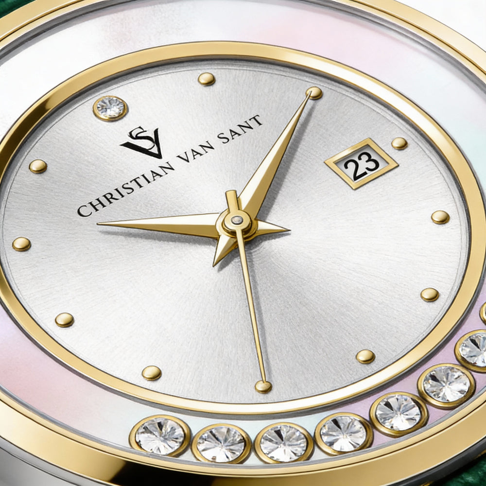 Christian Van Sant Modern Women's Silver-Tone Stainless Steel Leather Strap Quartz Water Resistant Watch