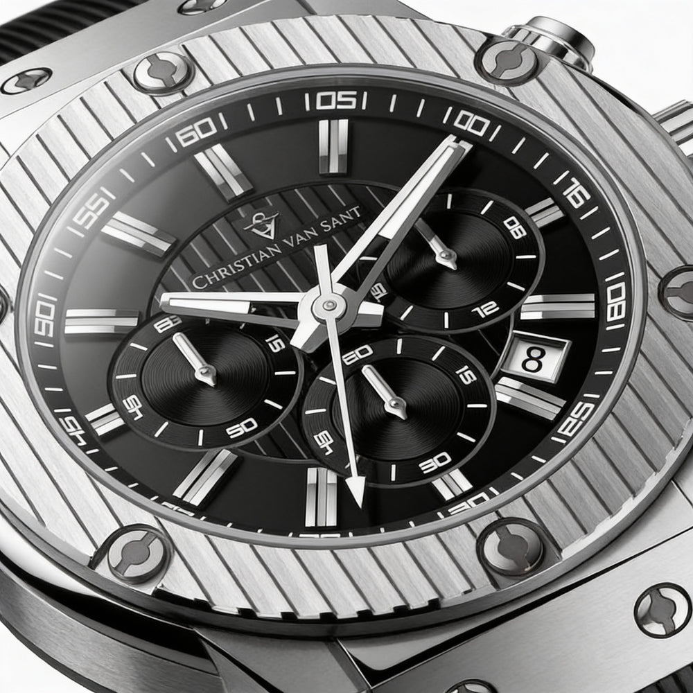 Christian Van Sant Strap Men's Black Stainless Steel Case Rubber Strap Water Resistant Watch