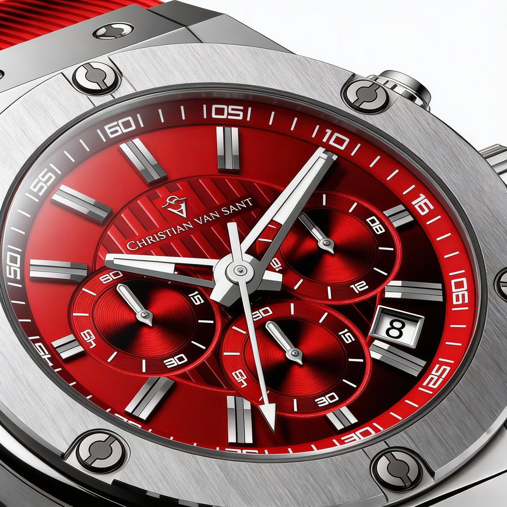 Christian Van Sant strap Men's Red Rubber Strap Stainless Steel Case Water Resistant 50M Scratch Resistant Mineral Quartz Watch