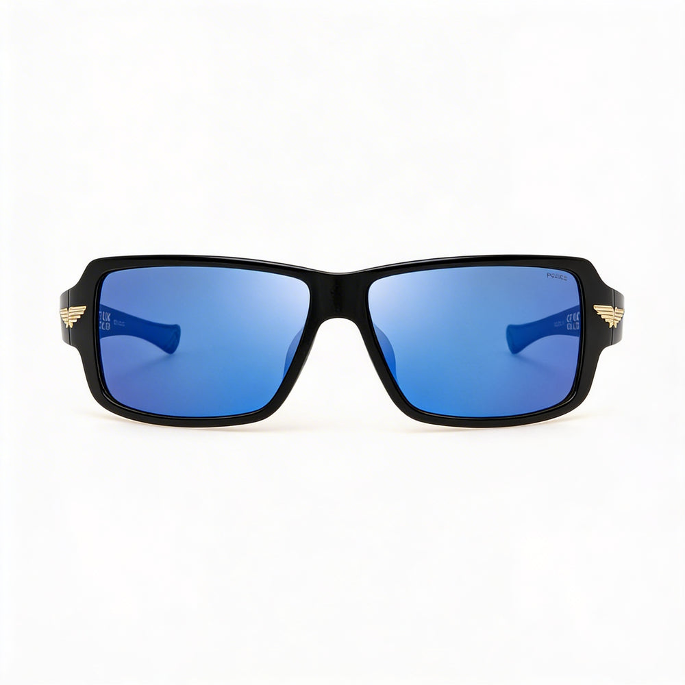 Gafas de sol Police Casual para hombre, sin polarizar, en negro brillante, con lentes azul ahumado espejado, 65 mm