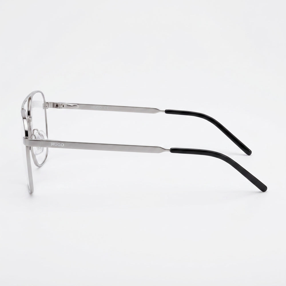 HUGO Square Double Bridge Men's Stainless Steel Ruthenium Eyeglasses Clear Demo Lenses 55-19-145