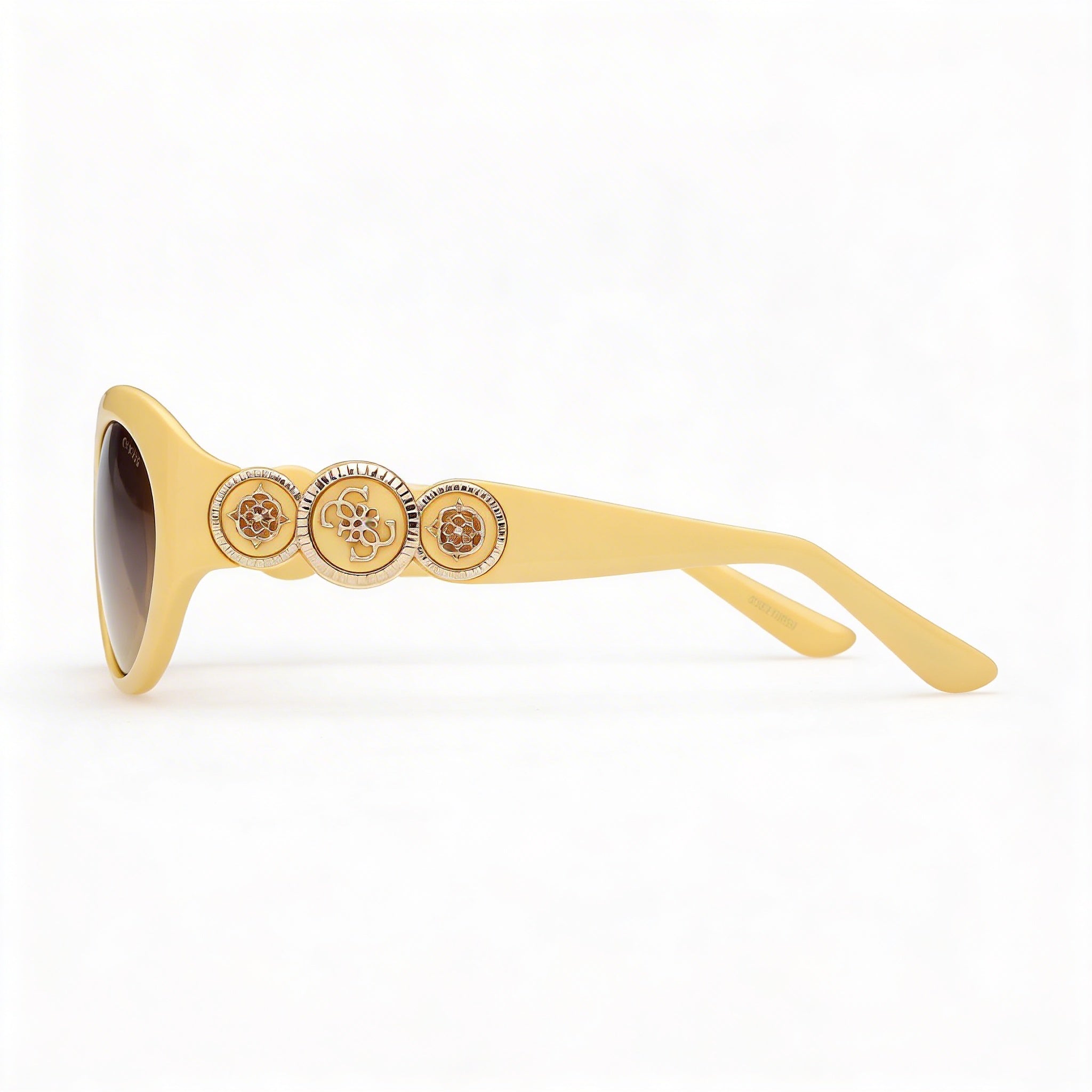 Gafas de sol ovaladas de plástico con peonías para mujer GUESS, montura amarilla clara brillante, lentes ahumadas degradadas, no polarizadas, protección 100% UV, 53 mm, Photo 3