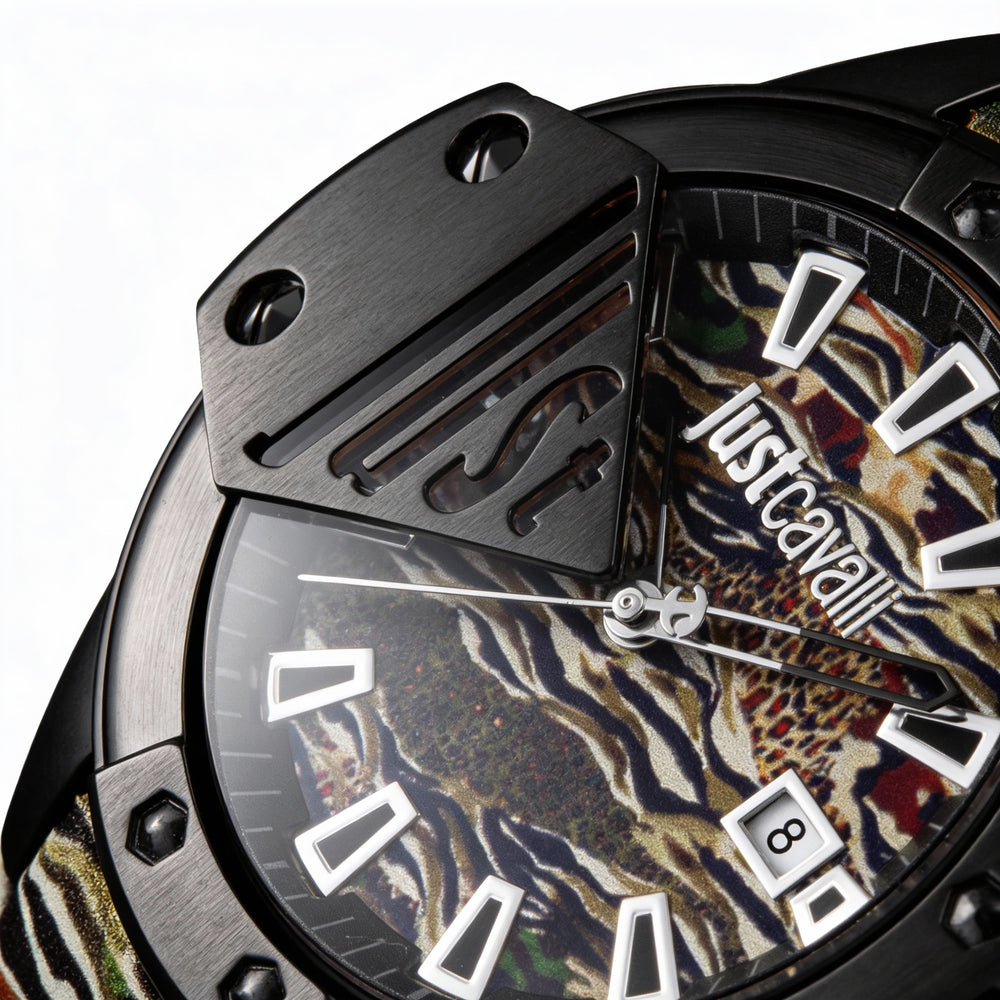 Just Cavalli Fashion Women's Waterproof Watch, Black Camouflage Stainless Steel Case with Leather Strap