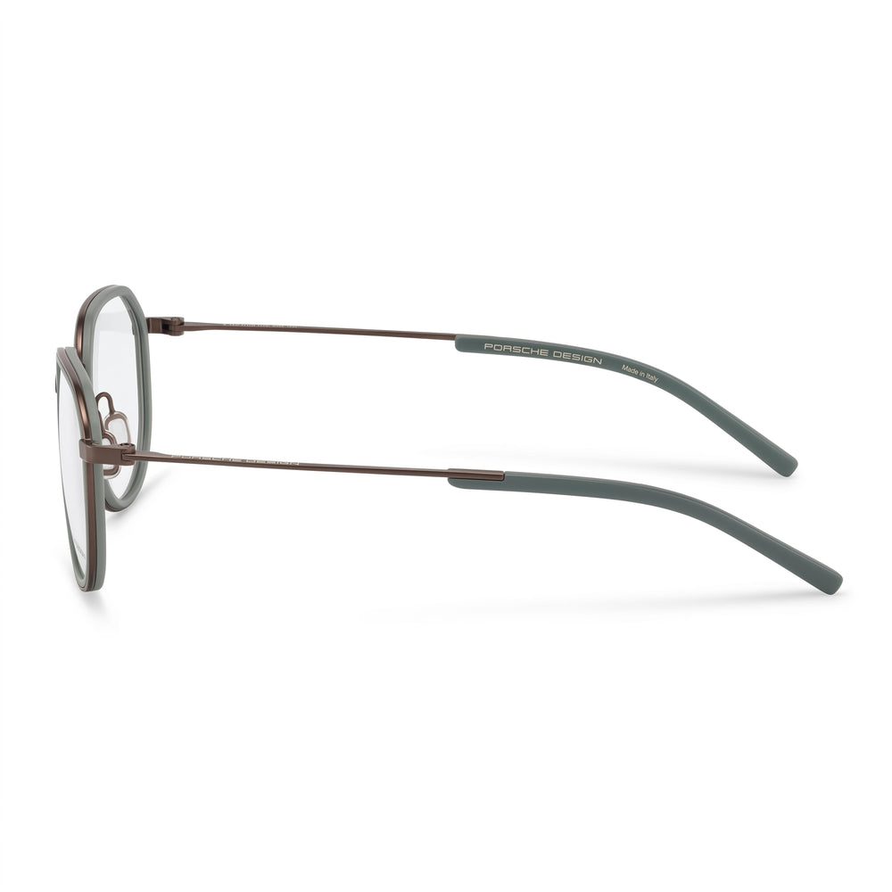 Monturas ópticas modernas Porsche para hombre con combinación de colores marrón y verde y lentes de demostración de plástico, 53 mm