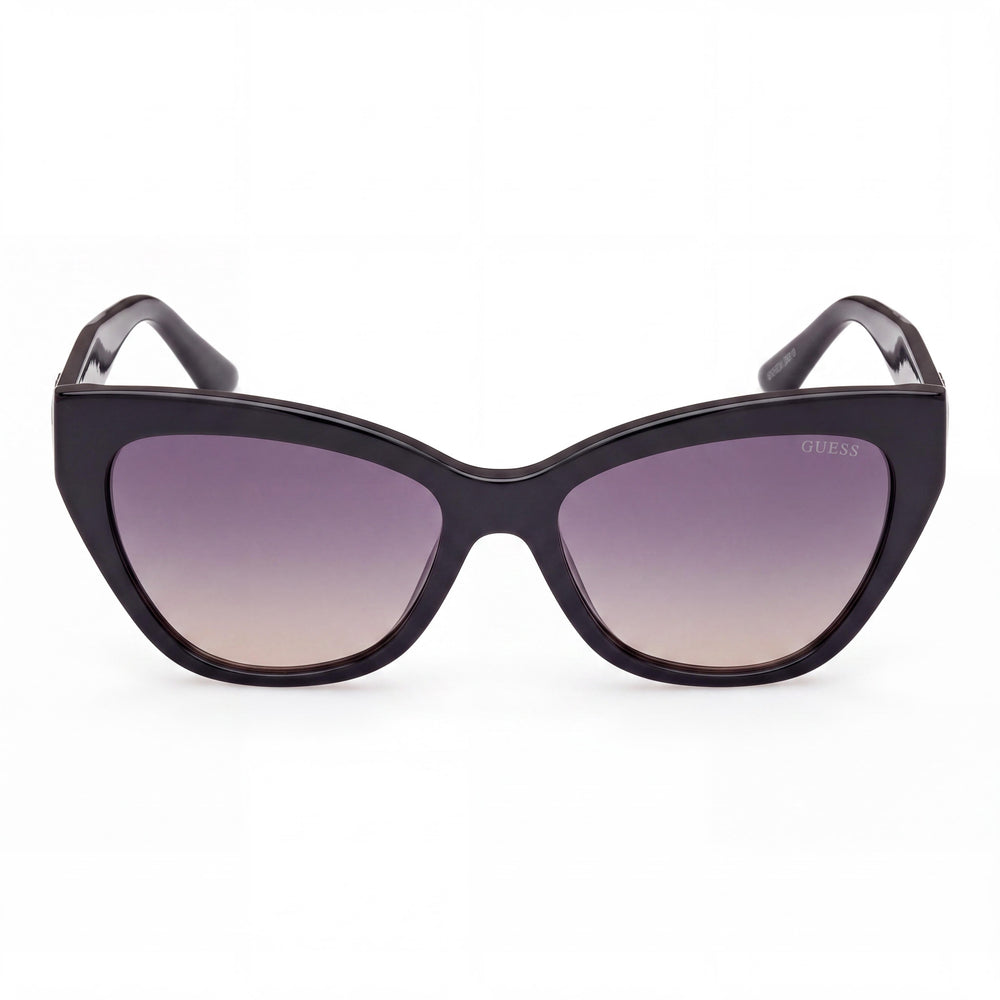 GUESS GU70204 Gafas de sol de plástico negro brillante para mujer con lentes no polarizadas de humo degradado UV 400 de 55 mm