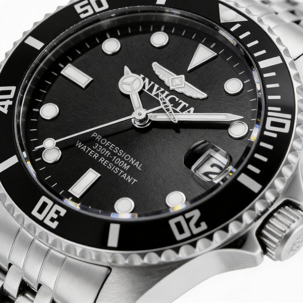 Reloj Invicta Pro Diver para mujer, caja de acero inoxidable plateada de 34 mm, esfera negra, cuarzo, fecha, resistente al agua hasta 100 m.