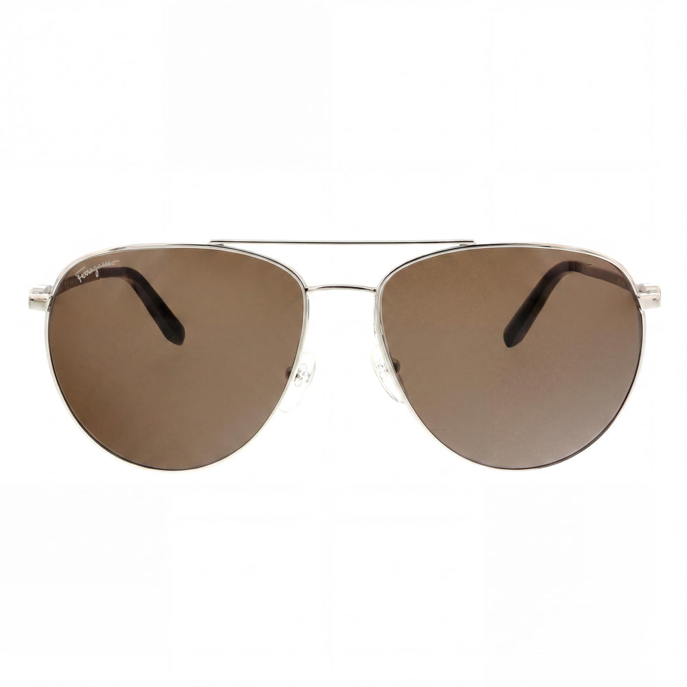 Gafas de sol unisex Salvatore Ferragamo estilo aviador con montura de metal plateado y lentes marrones con protección UV 60-15-140