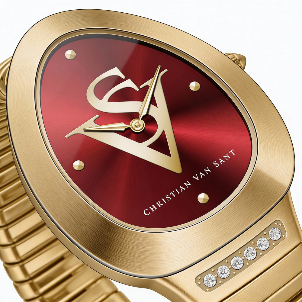 Pulsera Christian Van Sant para mujer, caja y pulsera de acero inoxidable, esfera roja, cuarzo, resistente al agua.