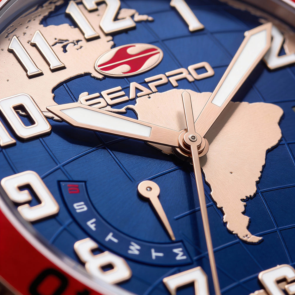 Seapro Quartz Movement Men's Blue Dial Stainless Steel Water Resistant Watch with Leather Strap