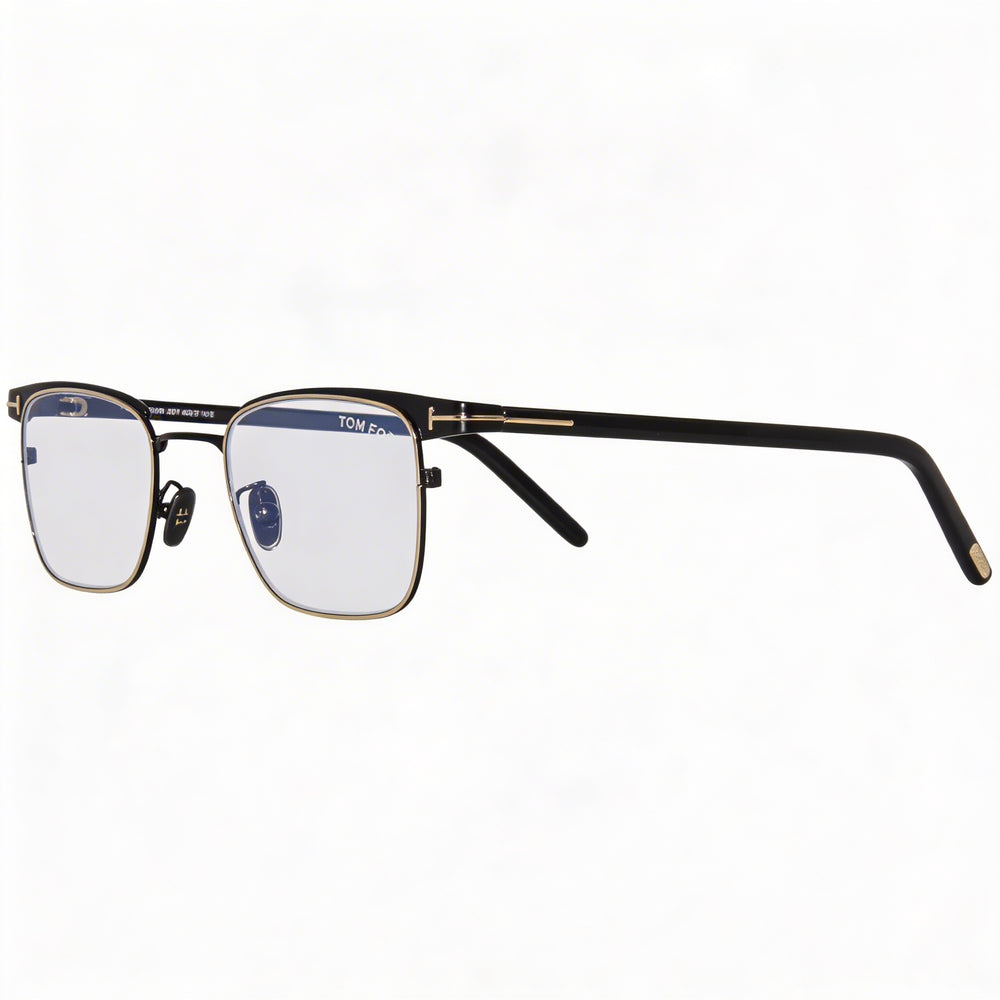 Gafas Tom Ford Ft5854-db para hombre, con montura rectangular de metal, logo T en negro brillante y oro rosa, bloque azul transparente, 49-20-145