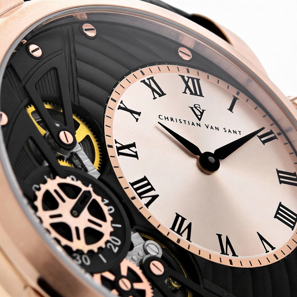 Reloj cronógrafo de cuarzo Christian Van Sant para hombre, esfera de oro rosa, caja de acero inoxidable y correa de piel.