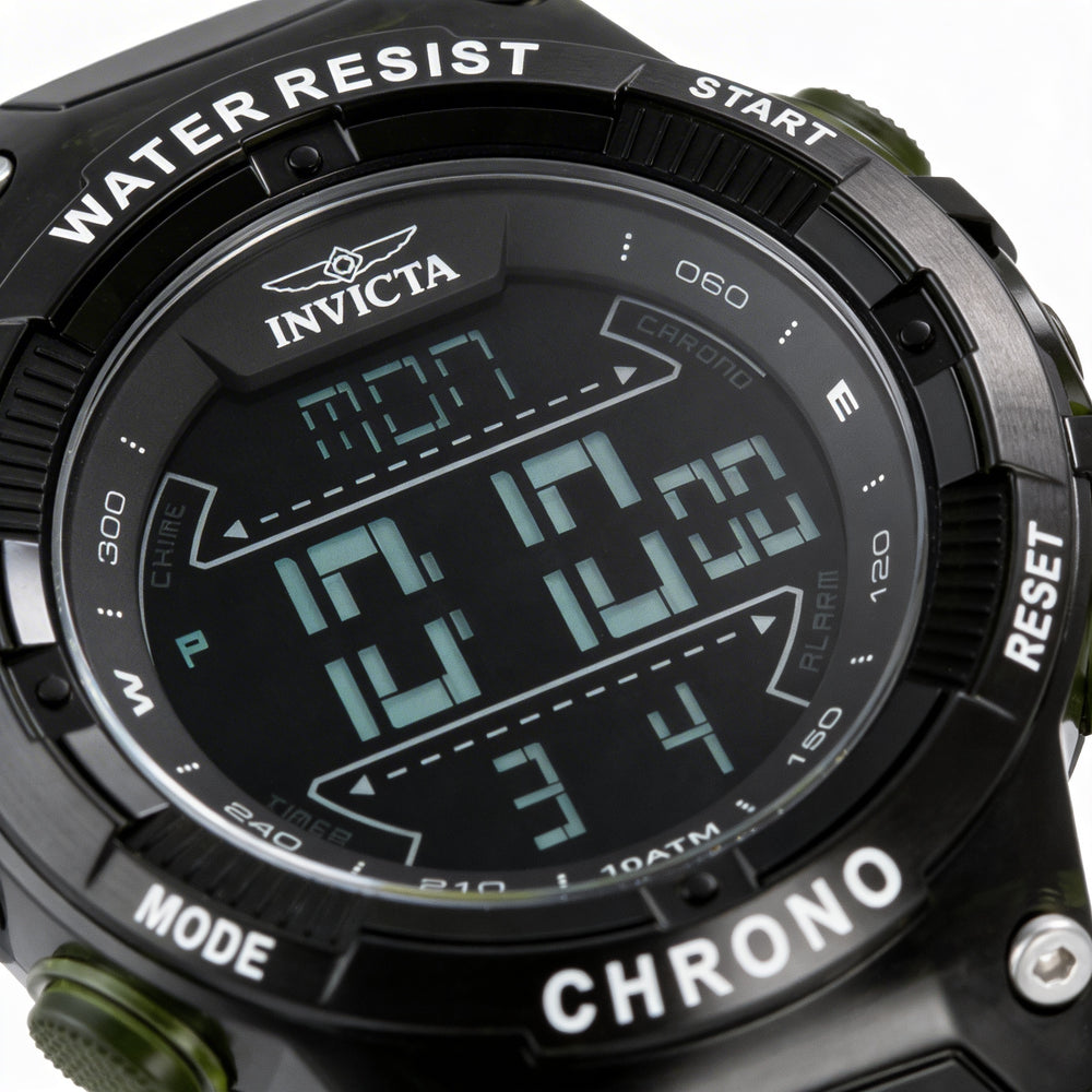 Reloj de cuarzo unisex Invicta Racing 49049, caja de plástico verde, esfera negra, correa de poliuretano, resistente al agua hasta 10 ATM, 52 mm