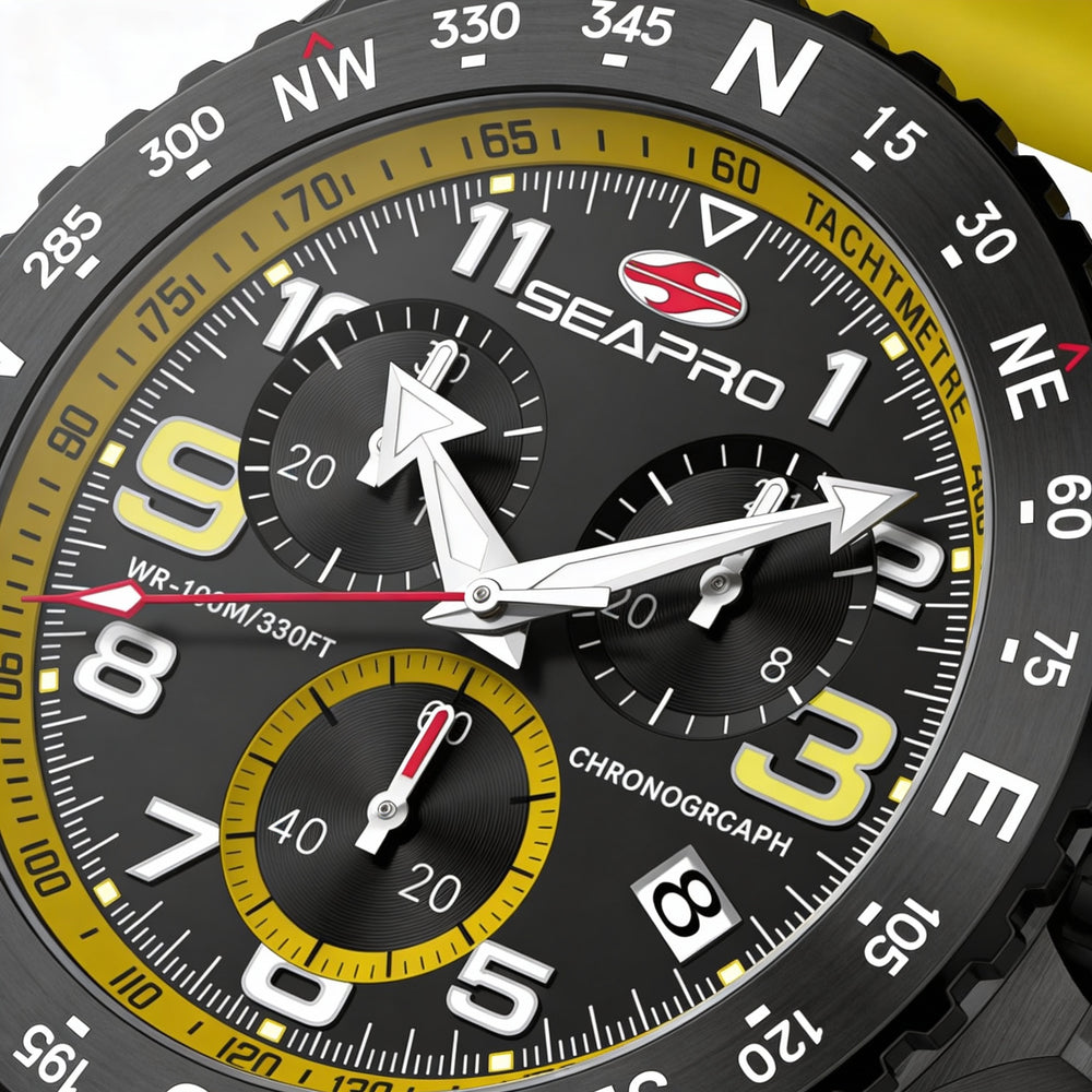 Seapro Men's Black Quartz Chronograph Watch - Stainless Steel Case, Rubber Strap, 10 ATM Water Resistant