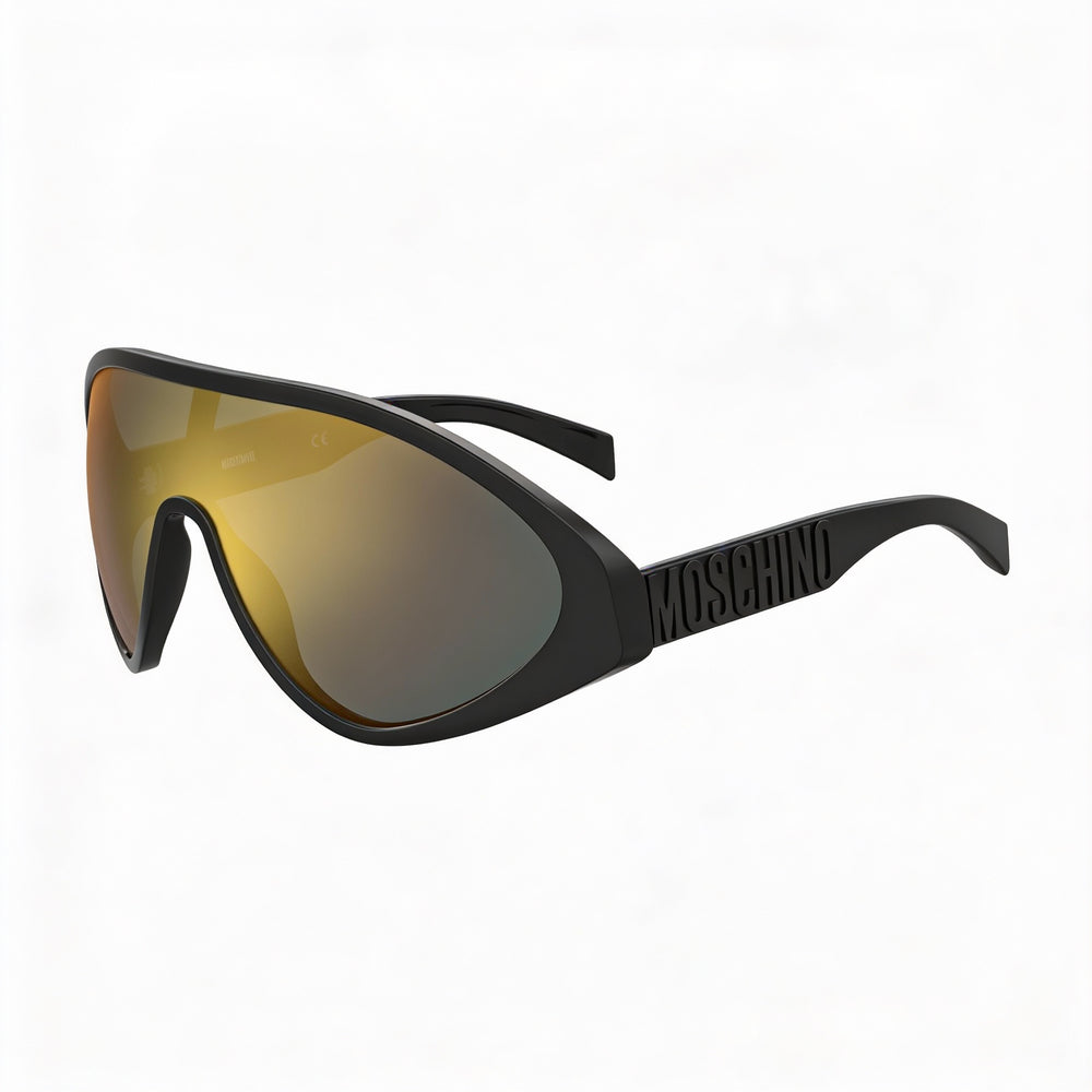 Moschino Fashion Show Unisex Black Gold Polyamide Frame Multilayer Gold Lens UV Protected Non-Polarized Shield Sunglasses 99