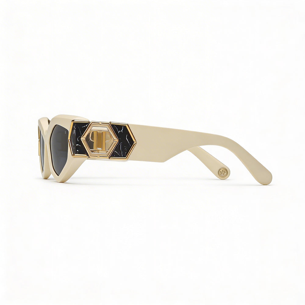 Philipp Plein Spp136m Unisex Acetate Frame Sunglasses with Beige Frame and Smoke Lenses, 52mm Lens Width