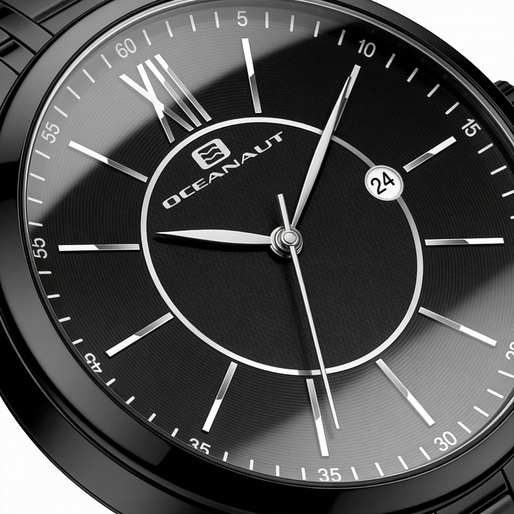 Reloj Oceanaut para hombre con esfera negra, caja y pulsera de acero inoxidable, movimiento de cuarzo, resistente al agua.