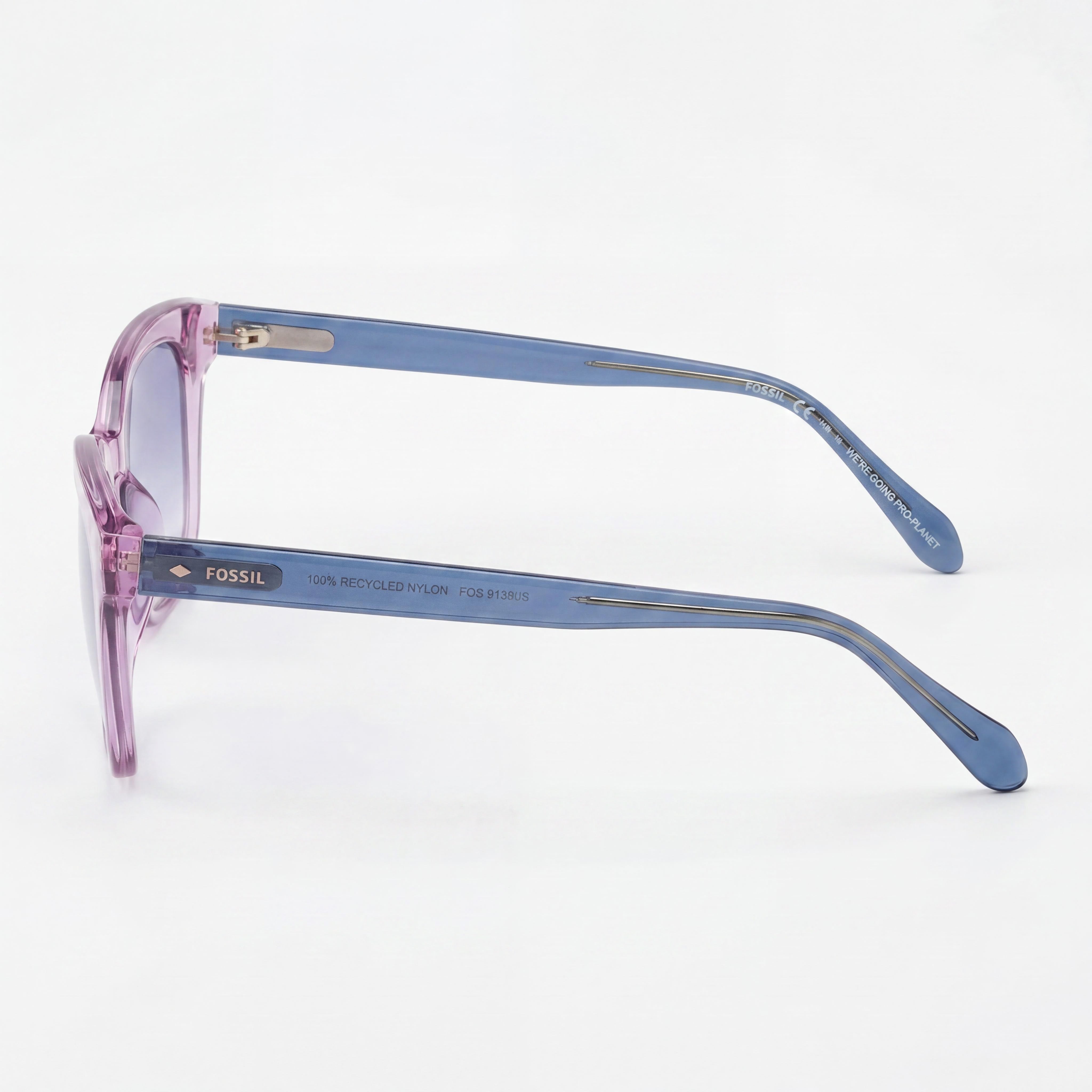 Gafas de sol Fossil casuales para mujer, de poliamida ecológica color lila con protección UV y lentes dobles degradadas en azul y melocotón de 51 mm, Photo 3
