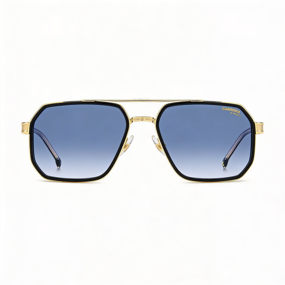 Carrera Lässig. Men's Metal Sunglasses featuring Black Gold Frame with Dark Blue Shaded Lenses, 58mm