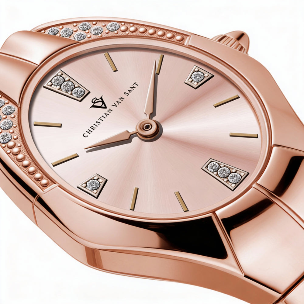 Reloj de cuarzo para mujer Christian Van Sant con esfera de oro rosa y caja y pulsera de acero inoxidable