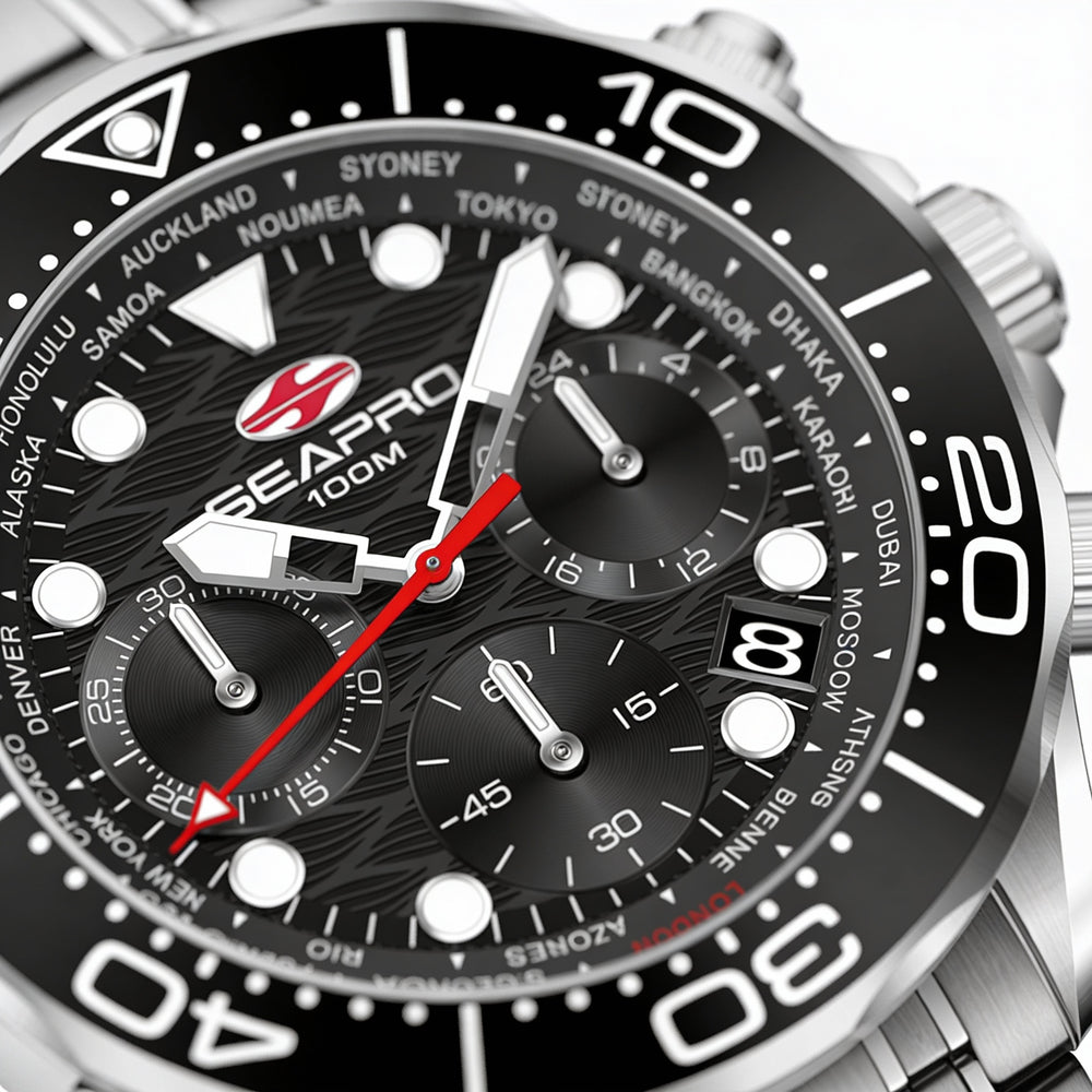 Reloj Seapro Modern para hombre con esfera negra y caja de acero inoxidable, resistente al agua hasta 100 m.