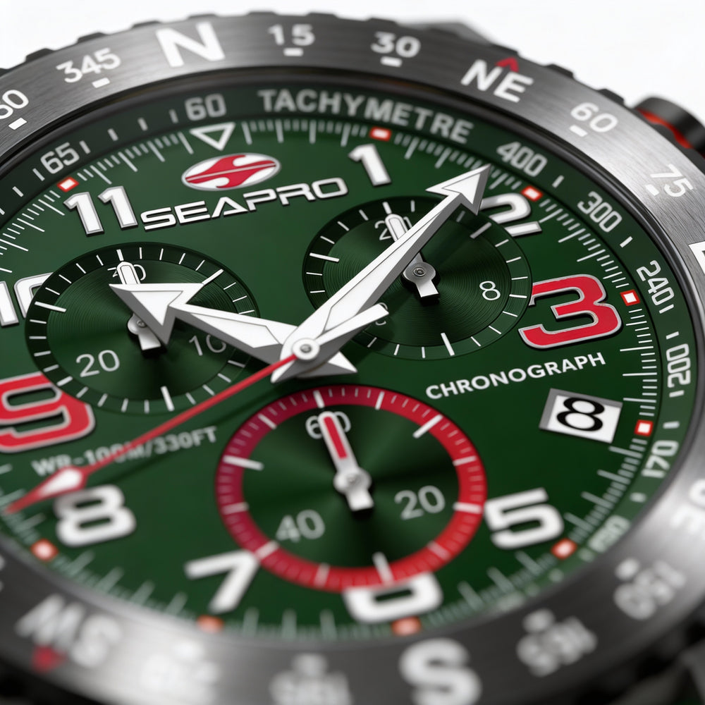 Seapro Men's Quartz Chronograph Watch, Green Dial, Stainless Steel Case, Rubber Strap, Scratch-Resistant Mineral Crystal
