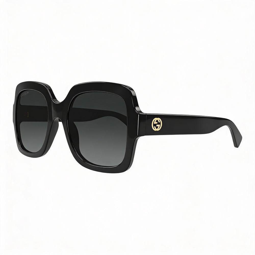 Gafas de sol Gucci GG1337S 002 cuadradas de plástico de montura completa para mujer, negras con logotipo dorado, lentes grises degradadas de 54 mm con protección UV