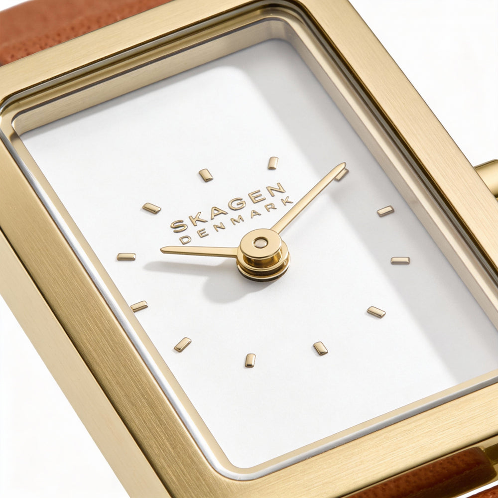 SKAGEN DINAMARCA Reloj Hagen Lille para mujer, de cuarzo, de 22 mm, con caja rectangular de acero inoxidable dorado y piel marrón