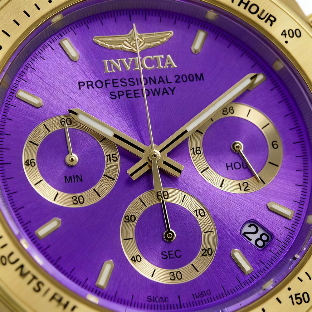 Reloj Invicta Speedway para mujer, cronógrafo de cuarzo japonés, dorado, resistente al agua, con esfera morada