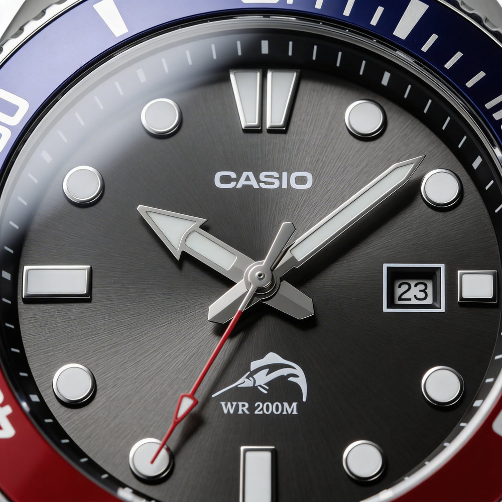 Casio Men's Diver Quartz Watch, Black Red Bezel, Stainless Steel Case, Black Resin Band, 200m Water Resistant